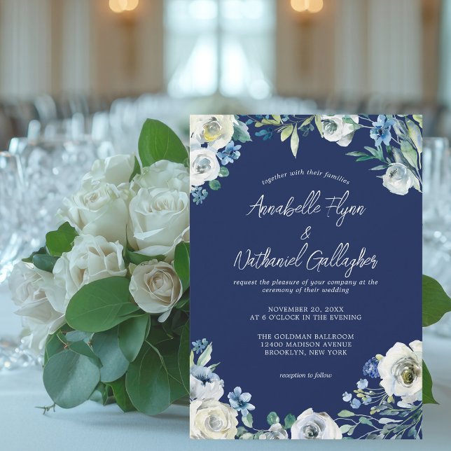 Invitación Boda de invierno manuscrita con flor blanca azul d (Subido por el creador)