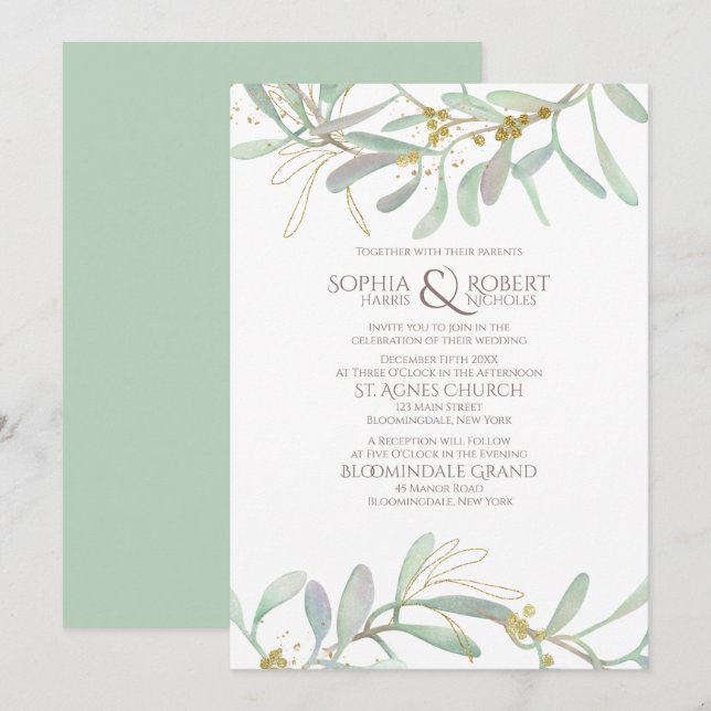 Invitación Boda de invierno Mistletoe Escarcha (Anverso / Reverso)