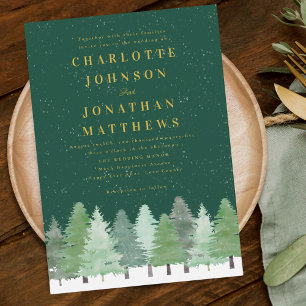 Invitación Boda de invierno moderna con bosque verde dorado d