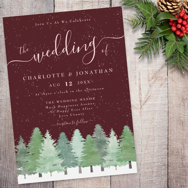 Invitación Boda de invierno moderna con toque rústico de colo (Elegant woodland forest burgundy blush pink winter wedding invitation)