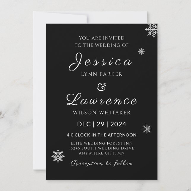 Invitación Boda de invierno moderna y elegante en blanco y ne (Anverso)