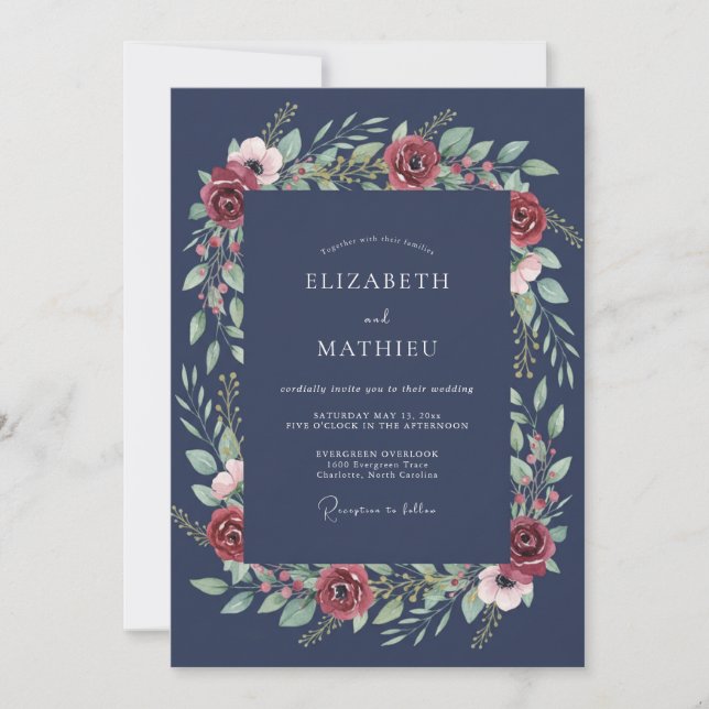 Invitación Boda de invierno Navy Rose (Anverso)