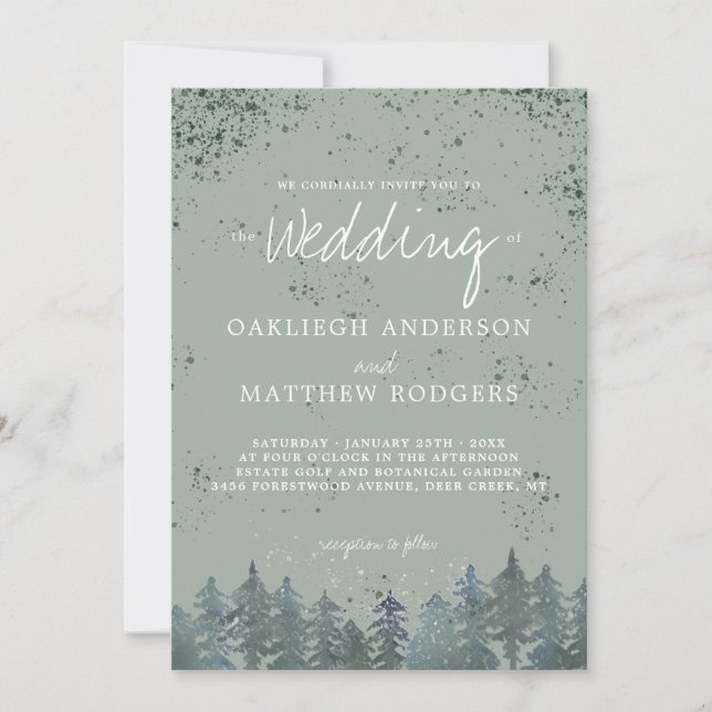 Invitación Boda de invierno nevada en un bosque verde de caza (Anverso)