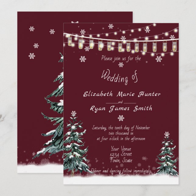 Invitación Boda de Invierno Nieve Árboles de pino modernos Bo (Anverso / Reverso)