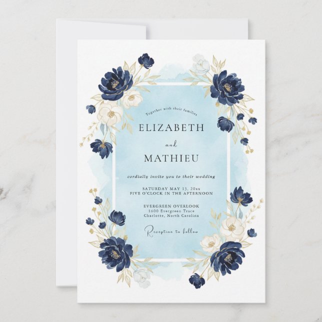 Invitación Boda de invierno ornamentada de azul marino (Anverso)