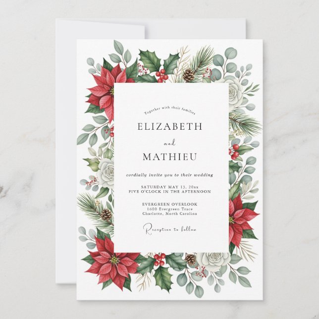 Invitación Boda de invierno ornamentada de rojo (Anverso)