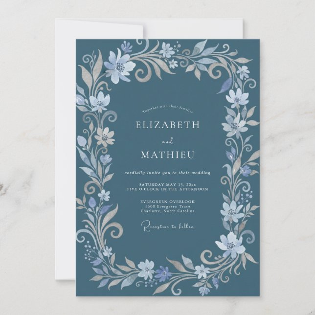 Invitación Boda de invierno ornamentada en azul acero (Anverso)