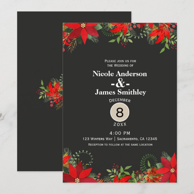 Invitación Boda de invierno oscuro Flor roja de Nochebuena de (Anverso / Reverso)