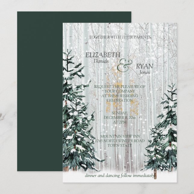 Invitación Boda de invierno Pine Trees Selva de Birch Blanca (Anverso / Reverso)
