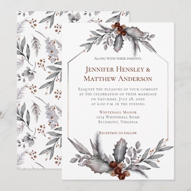 Invitación Boda de Invierno Plata, Gris Azul, Rusty Brown (Anverso / Reverso)
