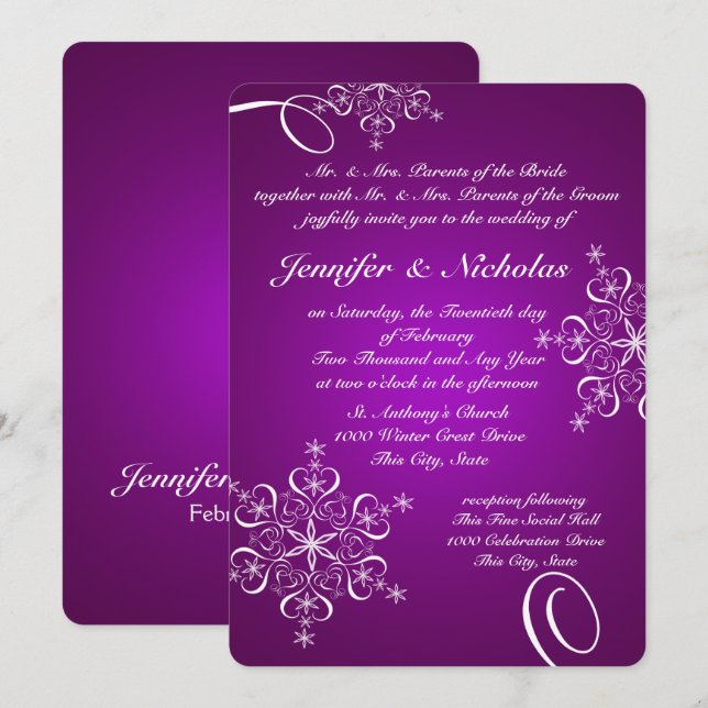 Invitación Boda de invierno púrpura con copos de nieve (Anverso / Reverso)