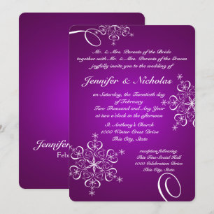 Invitación Boda de invierno púrpura con copos de nieve