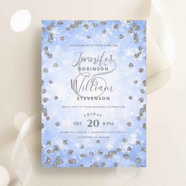 Invitación Boda de Invierno Purpurina Azul Plata Festiva (Festive Silver Blue Glitter Winter Wedding Invitation)