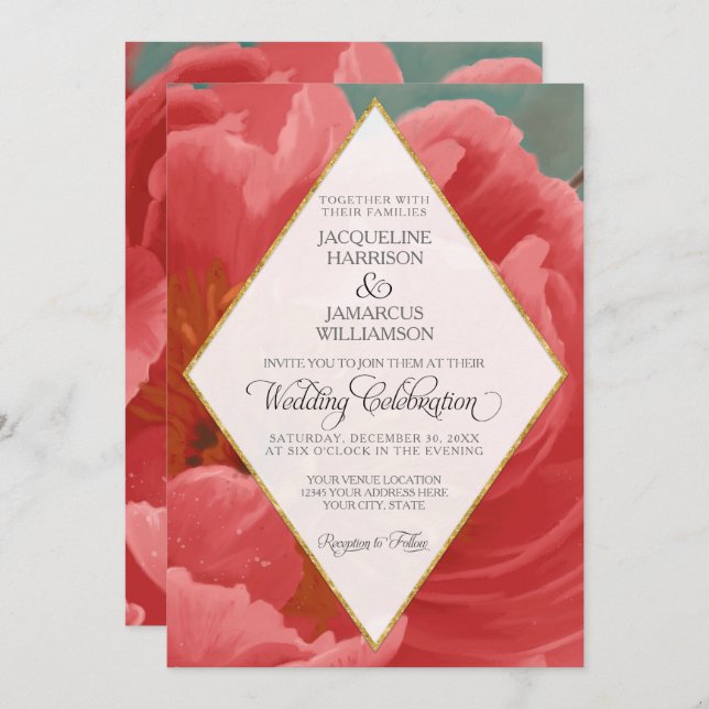 Invitación Boda de Invierno Red Peony Gold Faux Purpurina Dia (Anverso / Reverso)