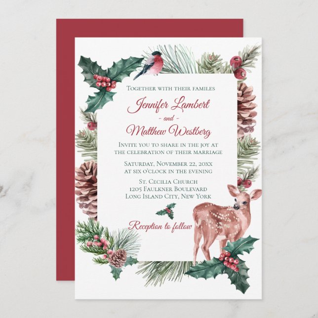 Invitación Boda de Invierno Rojo Ciervos Reno Floral Navidad (Anverso / Reverso)