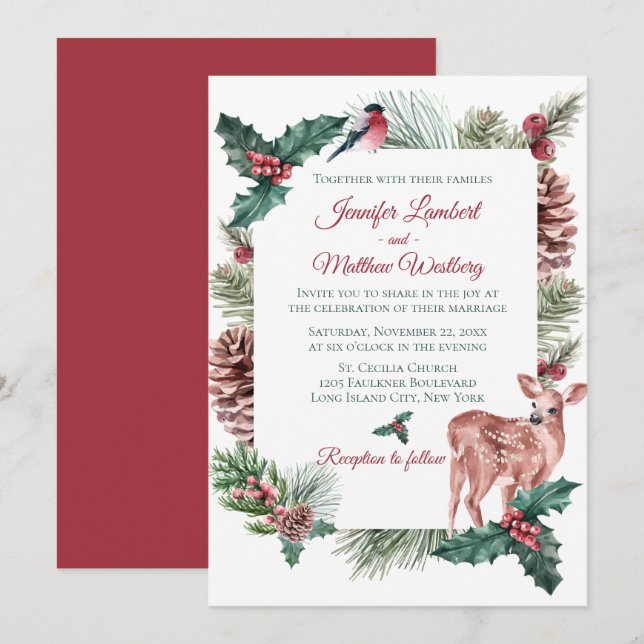 Invitación Boda de Invierno Rojo Navidad Reno Reno Reno Flora (Anverso / Reverso)