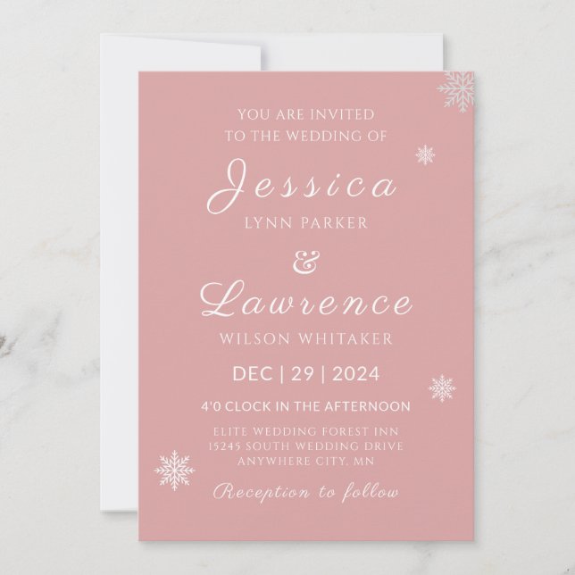 Invitación Boda de invierno rosa elegante y moderna (Anverso)