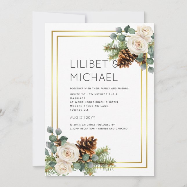 Invitación Boda de Invierno Roses Blancos Dorado Azul (Anverso)