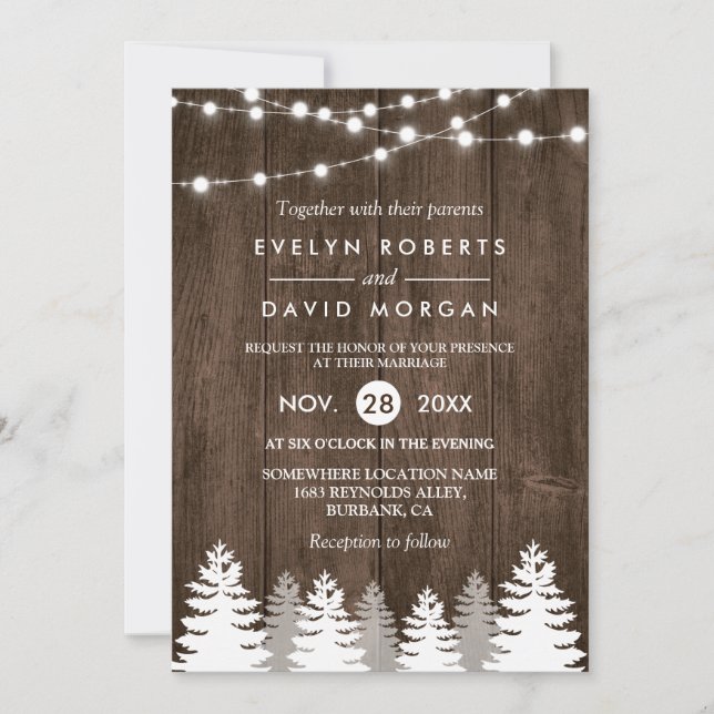 Invitación Boda De Invierno Rústica Cadena De Madera Ilumina  (Anverso)