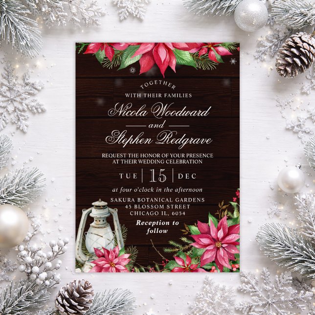 Invitación Boda de invierno rústica con poinsettia (Subido por el creador)