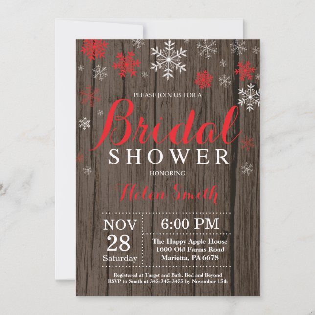 Invitación Boda de Invierno Rústica Copo de Nieve Rojo (Anverso)