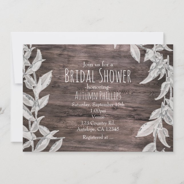 Invitación Boda de invierno rústica de hojas blancas y platea (Anverso)