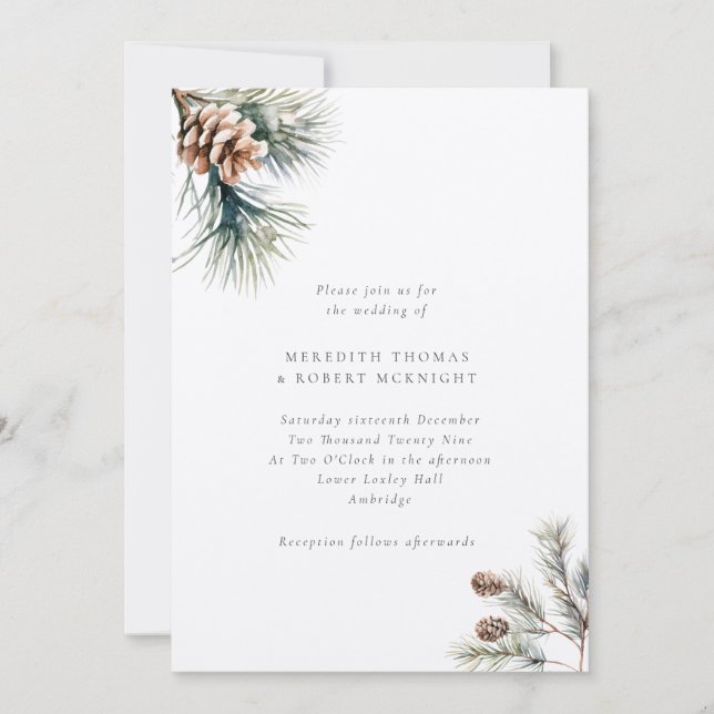 Invitación Boda de invierno Rústica de hojas de pino y de con (Anverso)