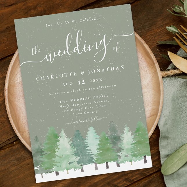 Invitación Boda de invierno rústica en verde salvia de bosque (Rustic elegant watercolor snowy evergreen Woodland winter forest sage green wedding invitation)