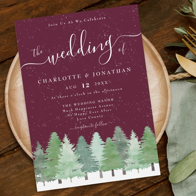 Invitación Boda de invierno rústica en Woodland moderna (Rustic elegant watercolor snowy evergreen Woodland forest burgundy winter wedding invitation)