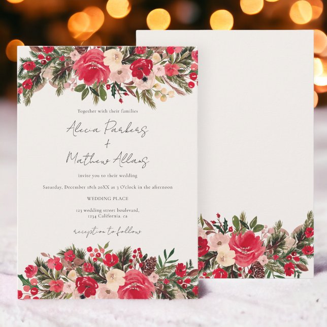 Invitación Boda de Invierno Rústica Verde Rojo (Rustic Red green Floral Winter Wedding Invitation)
