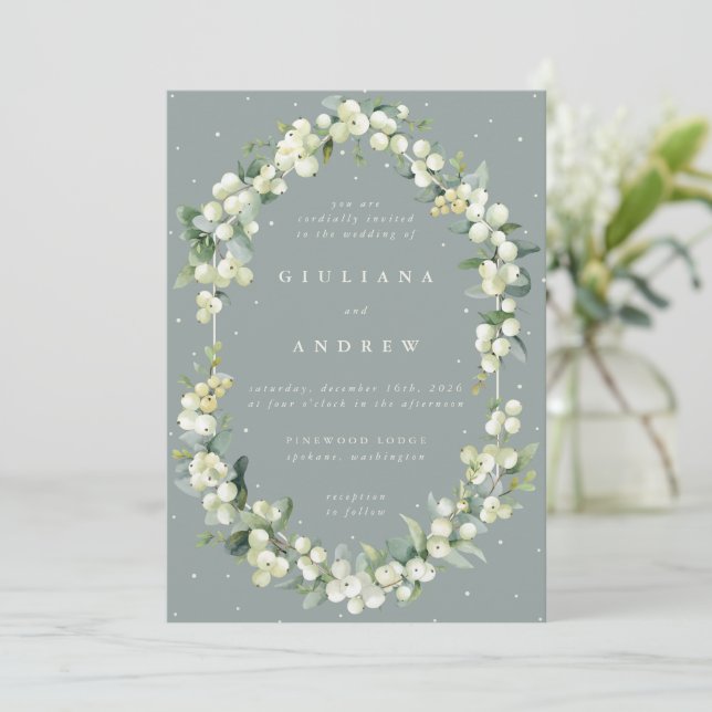 Invitación Boda de Invierno Seafoam Green Snowberry+Eucalyptu (Anverso de pie)