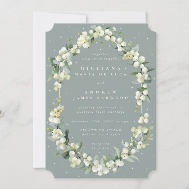 Invitación Boda de Invierno Seafoam Green Snowberry+Eucalyptu (Anverso)