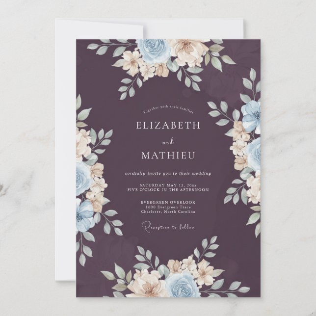 Invitación Boda de invierno serena con ciruelas (Anverso)