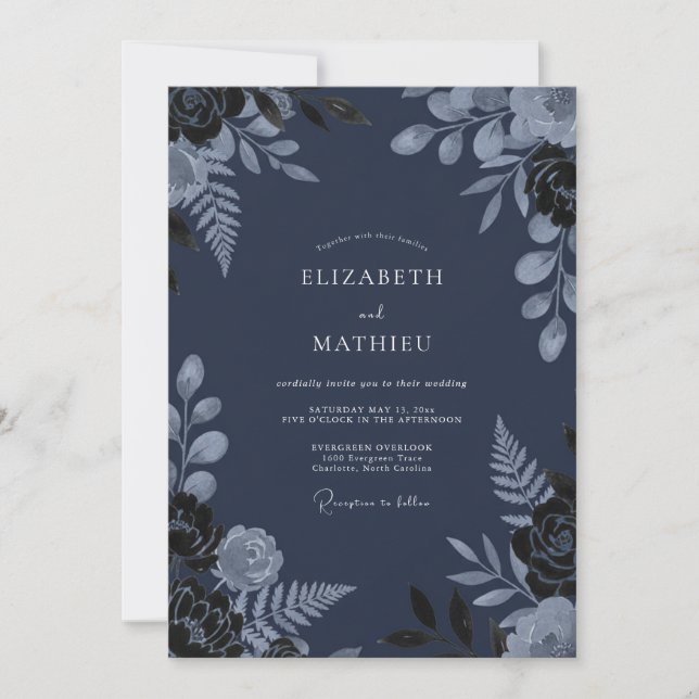 Invitación Boda de invierno silenciada en azul marino (Anverso)