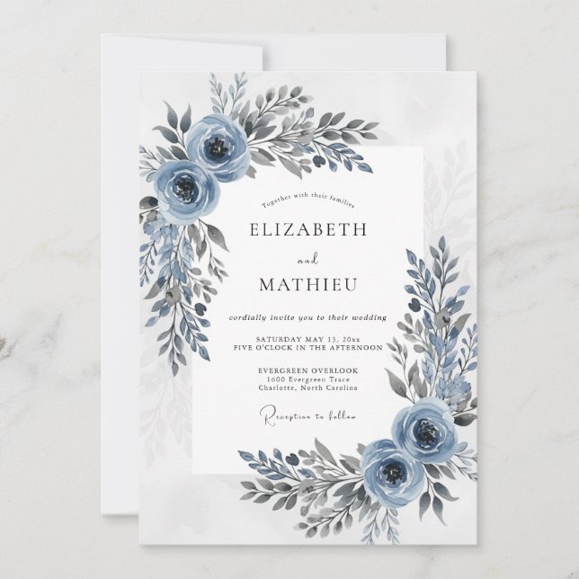 Invitación Boda de invierno sofisticada azul polvorienta (Anverso)