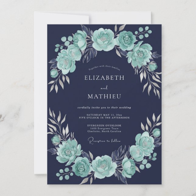 Invitación Boda de invierno sofisticada en azul marino y ment (Anverso)