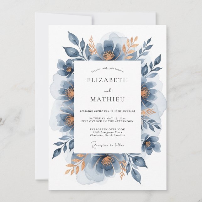Invitación Boda de invierno sofisticada en azul pizarra (Anverso)