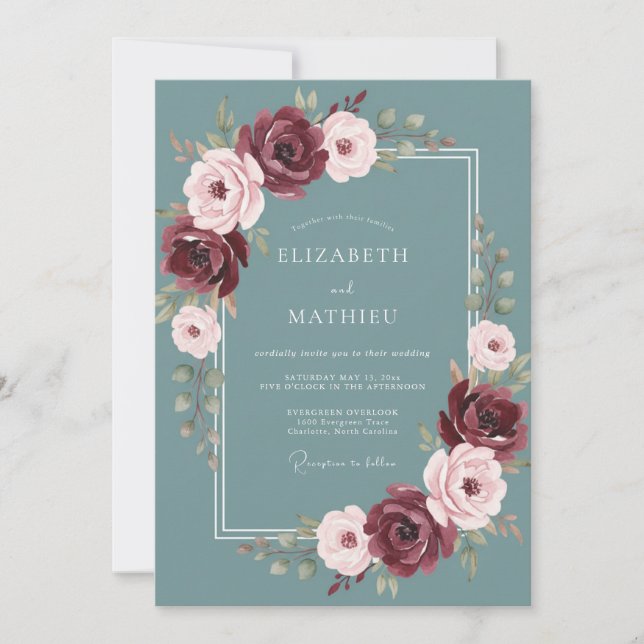 Invitación Boda de invierno sofisticada en burgundy y verde a (Anverso)