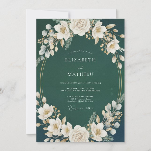 Invitación Boda de invierno sofisticada en verde bosque (Anverso)