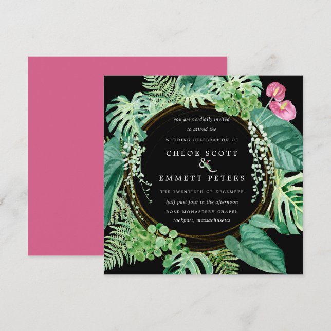 Invitación Boda de invierno tropical rosa floral exótica trop (Anverso / Reverso)