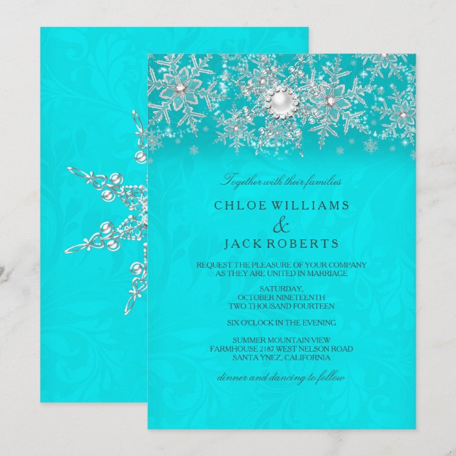 Invitación Boda de Invierno Turquesa Cristal Perla Copo de Ni (Anverso / Reverso)