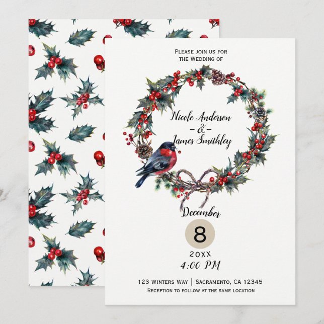 Invitación Boda de Invierno Vacaciones Navidad Acebo Fruta Pá (Anverso / Reverso)