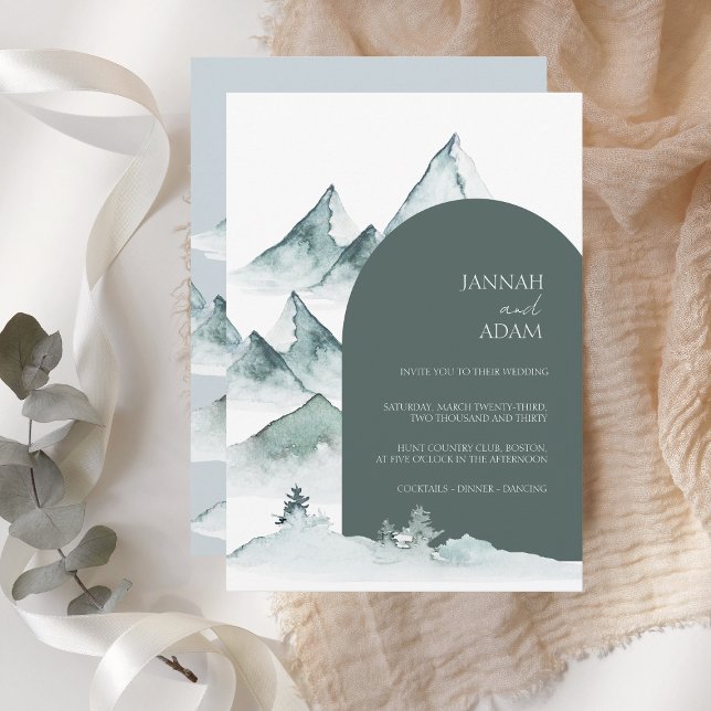 Invitación Boda de invierno verde de la montaña acuarela (Subido por el creador)