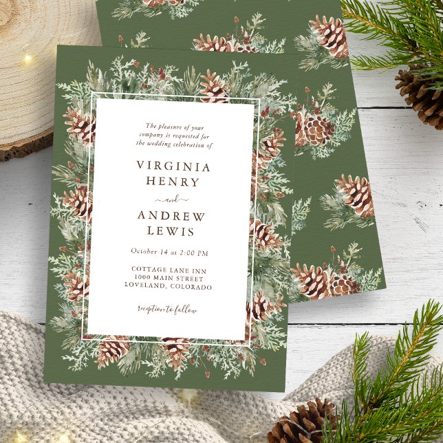 Invitación Boda de invierno verde elegante (Elegant Green Pinecone Winter Outdoor Wedding Invitation by Painted Paperie
)