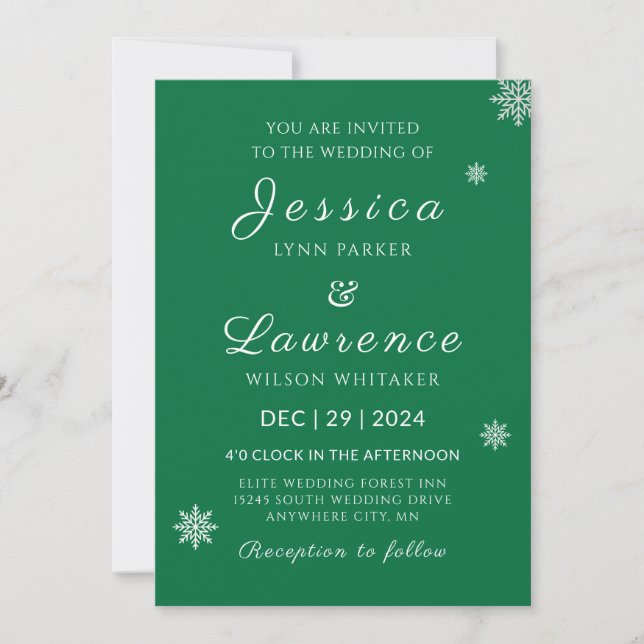 Invitación Boda de invierno verde elegante y moderna (Anverso)