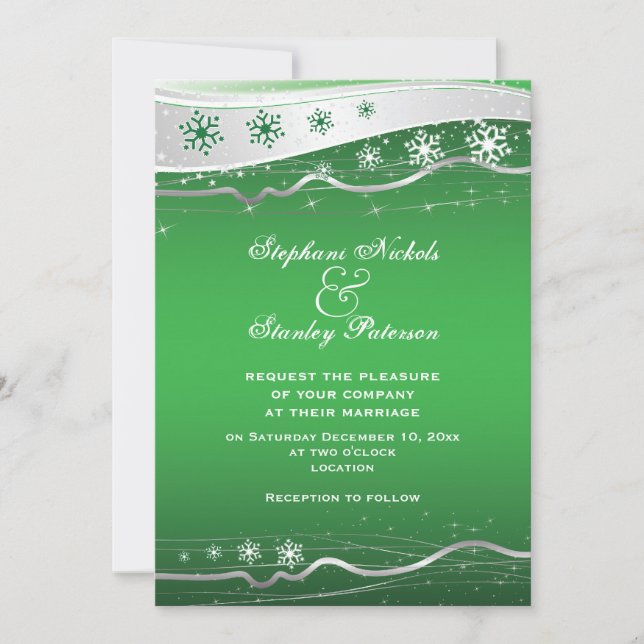 Invitación Boda de invierno verde, gris plateado con copo de  (Anverso)