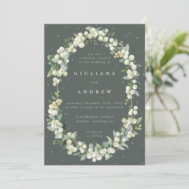 Invitación Boda de invierno Verde Gris y Eucalyptus (Anverso de pie)