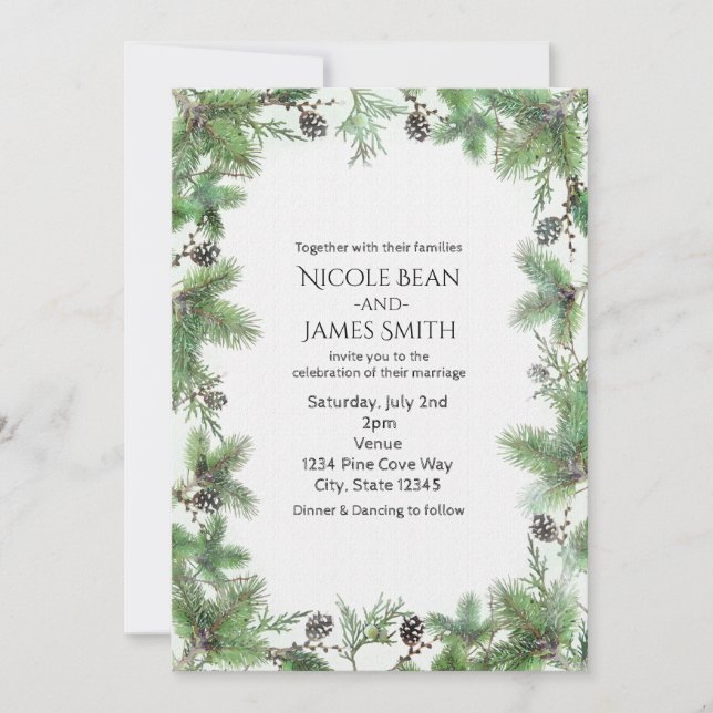 Invitación Boda de Invierno Verde y Cones de Pino de vacacion (Anverso)