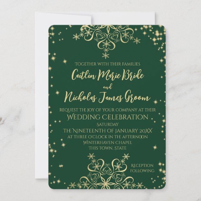 Invitación Boda de invierno verde y dorada Invita copos de ni (Anverso)
