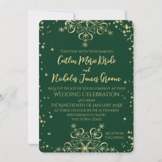 Invitación Boda de invierno verde y dorada Invita copos de ni
